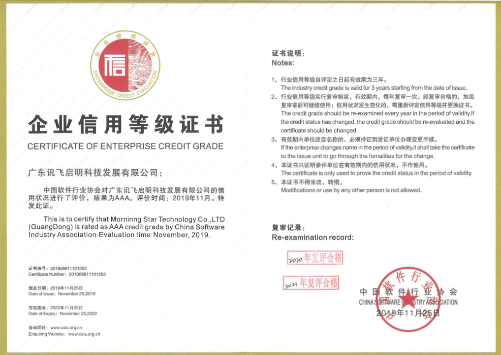 企業(yè)信用等級AAA證書